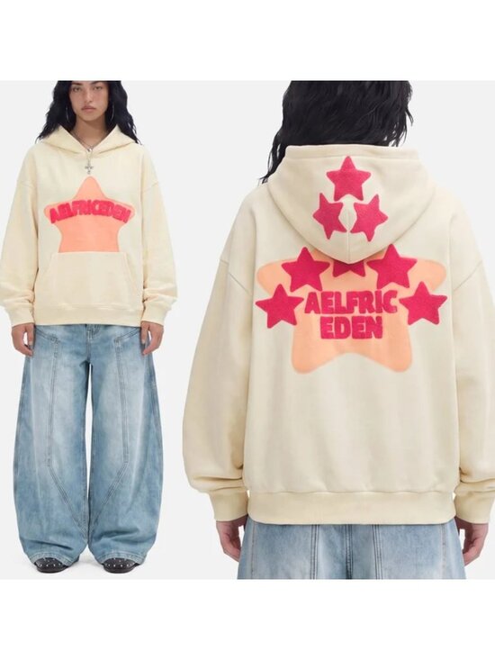 Aelfric Eden Tops - Aelfric Eden Vintage Embroidered Eden Star Hoodie ivory oversized sweatshirt L